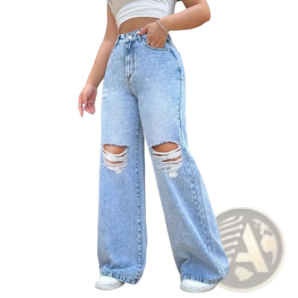 Wide leg ripped jeans in light wash denim with distressed knees and a high-rise wide-leg cut