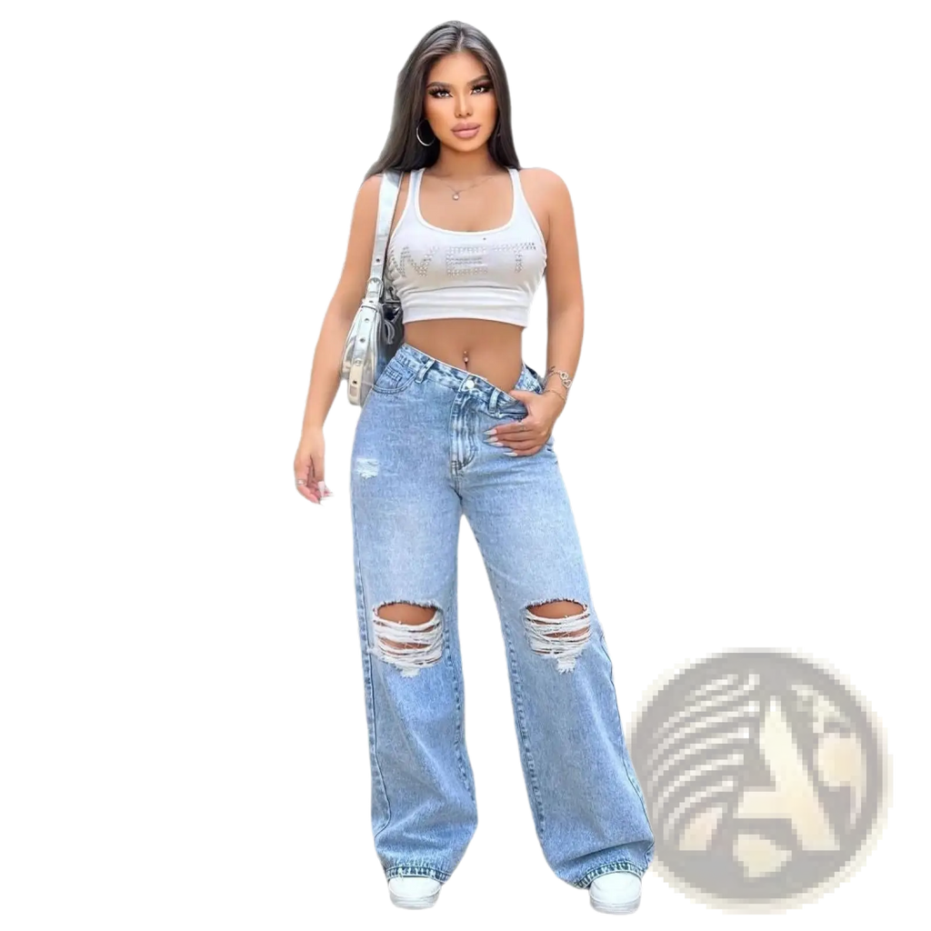 Wide leg ripped jeans in light wash denim featuring distressed knees and a relaxed wide-leg cut