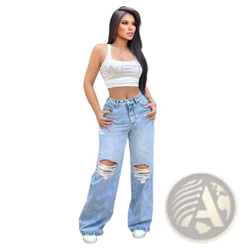 Wide leg ripped jeans light wash denim with distressed knee details in a high-rise wide-leg cut