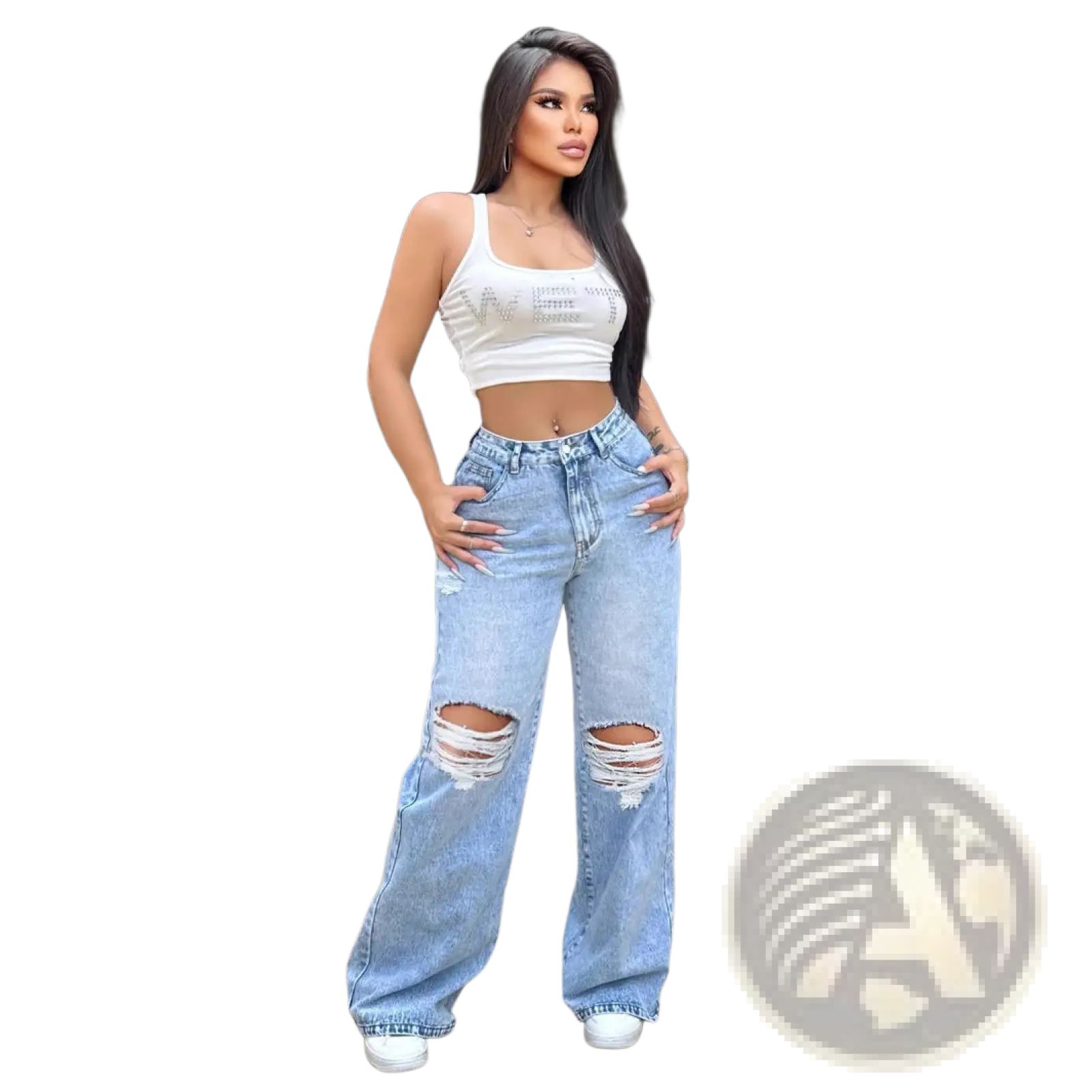Wide leg ripped jeans light wash denim with distressed knee details in a high-rise wide-leg cut