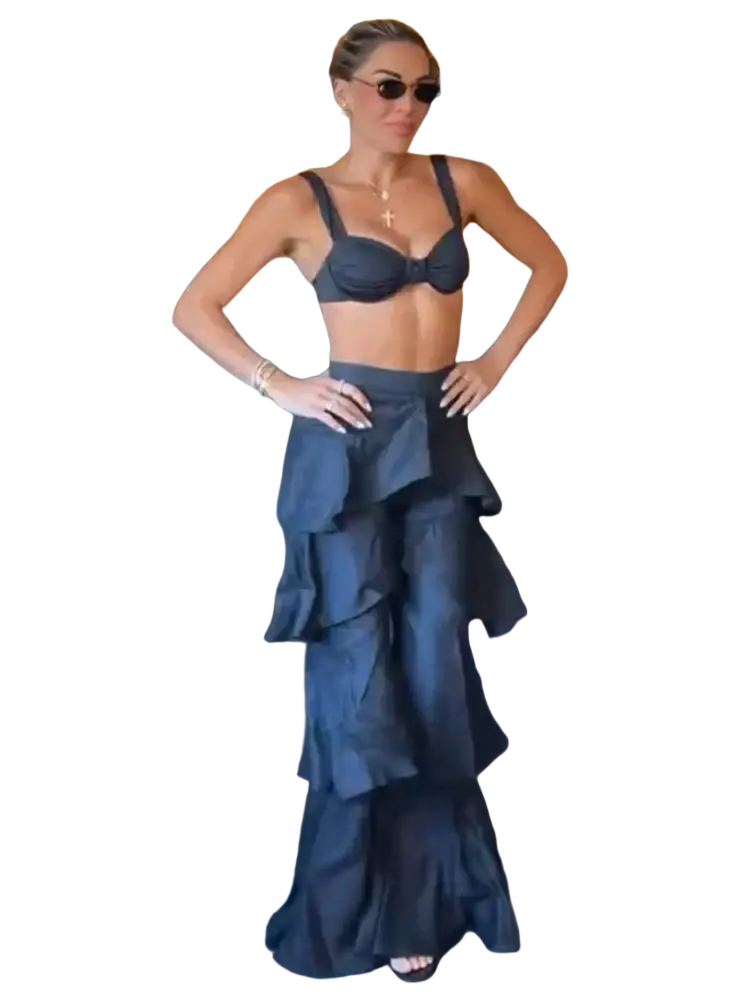 Dark blue wide leg ruffled high waisted skirt with matching bralette top in Y2K streetwear style