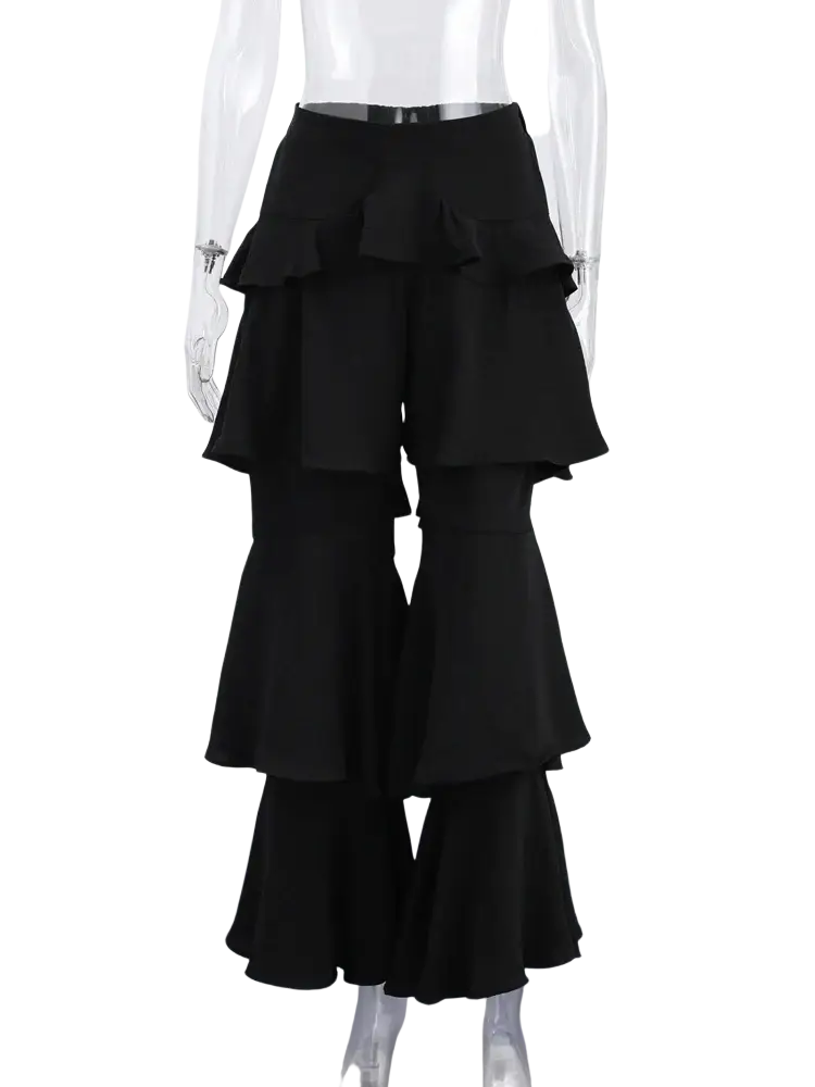 Black wide leg ruffled tiered high waist pants displayed on a mannequin for y2k streetwear style