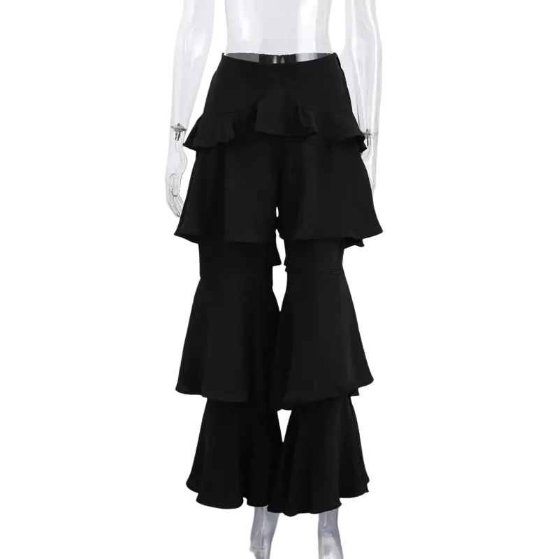 Black wide leg tiered ruffle pants with flared silhouette high waist perfect for y2k streetwear looks