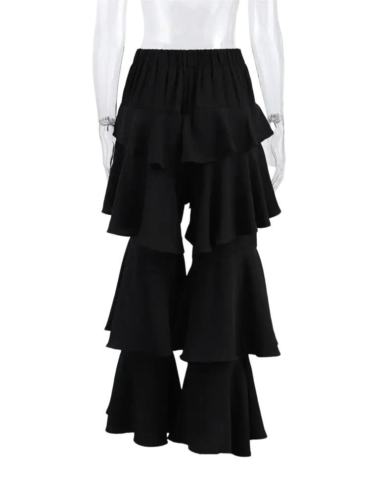 Black wide leg tiered ruffle skirt with elastic waistband designed for Y2k streetwear style