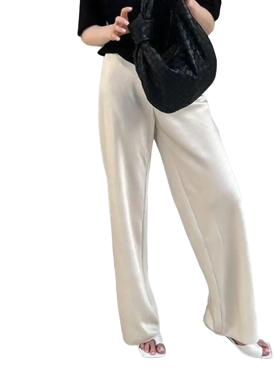 Cream-colored satin wide leg pants with elastic waist and full pants length for comfortable stylish wear