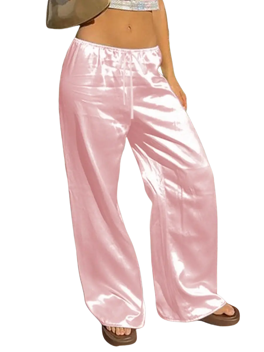 Pink satin wide leg pants with elastic waist and drawstring waistband in cream color showing pants length details