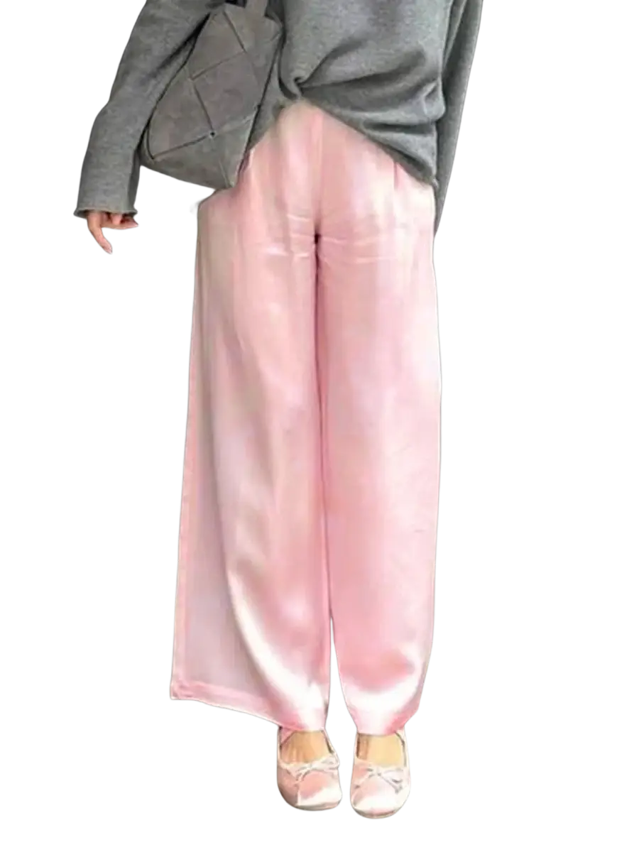 Soft pink satin wide leg pants with elastic waist and flowing drape in cream length for elegant wear