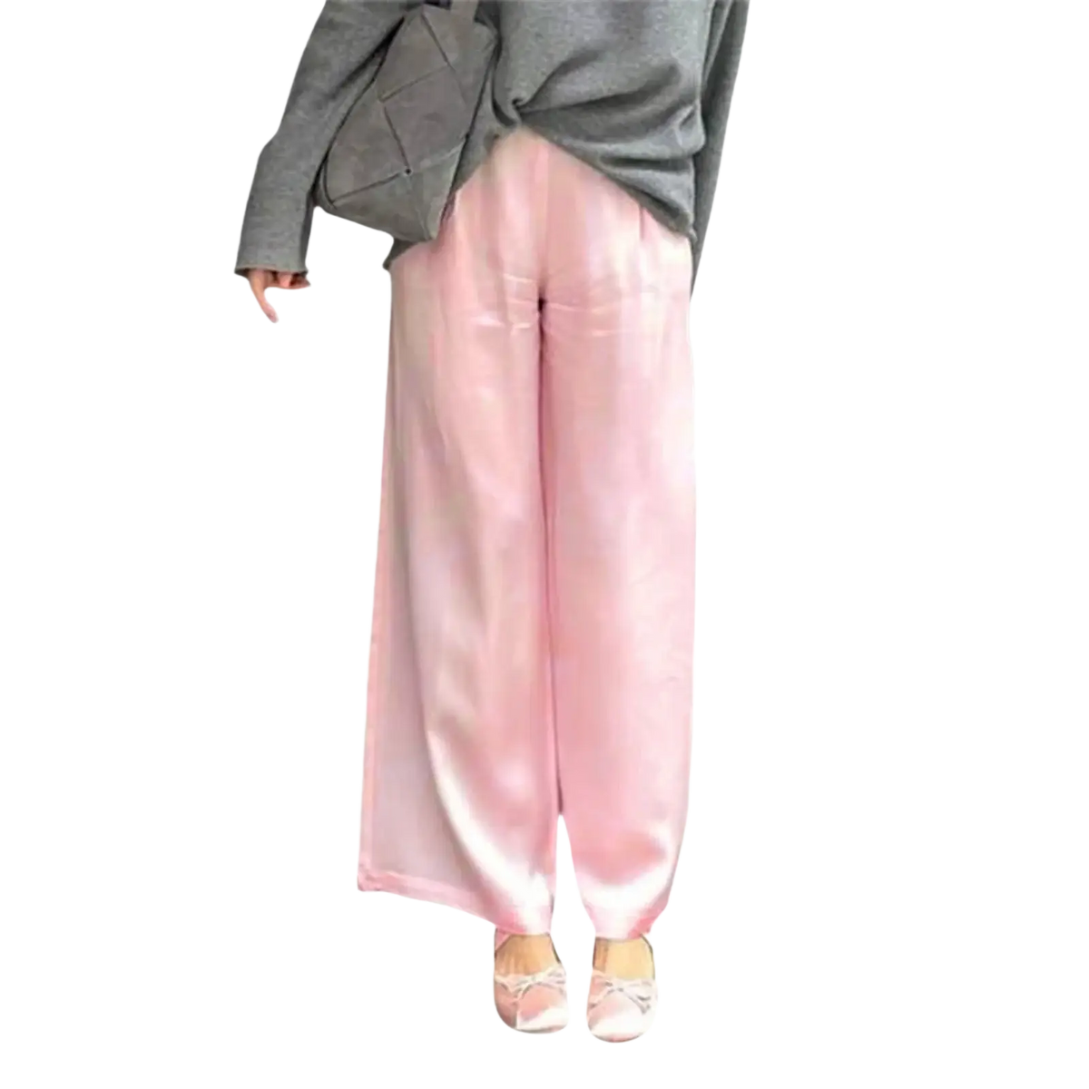 Soft pink satin wide leg pants with elastic waist and flowing lightweight drape showcasing pants length and style