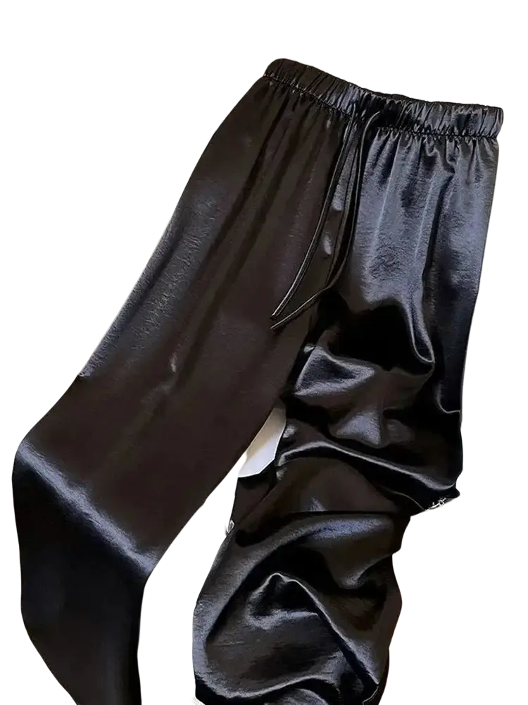 Black wide leg satin pants for women with elastic waistband and drawstring for comfortable fit
