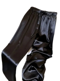 Black wide leg satin pants for women with elastic waistband and drawstring for comfortable fit