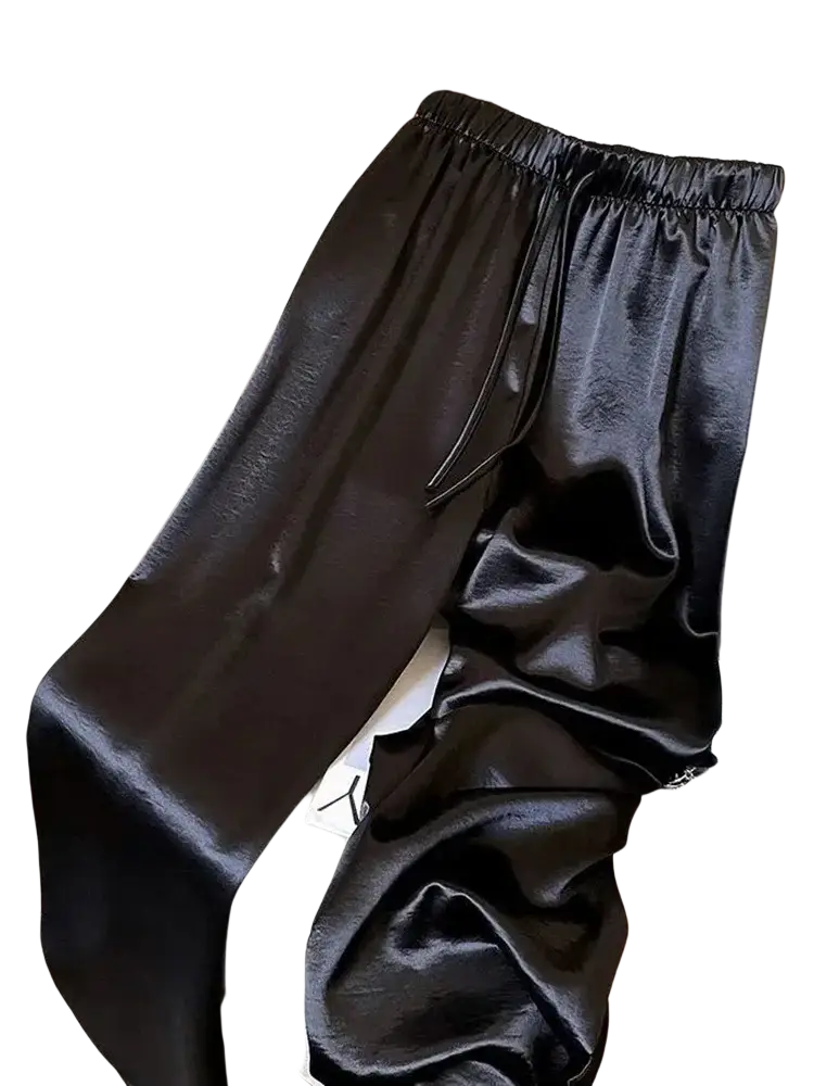 Black wide leg satin pants for women with elastic waistband and drawstring for comfortable fit