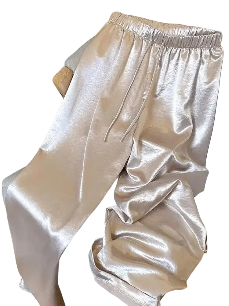 Shiny metallic silver wide leg satin pants for women with elastic waistband and drawstrings