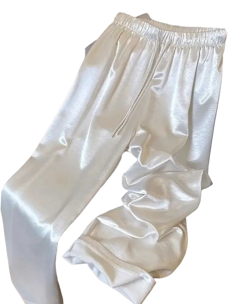 Wide leg satin pants for women in shiny white satin with elastic waistband and drawstring detail