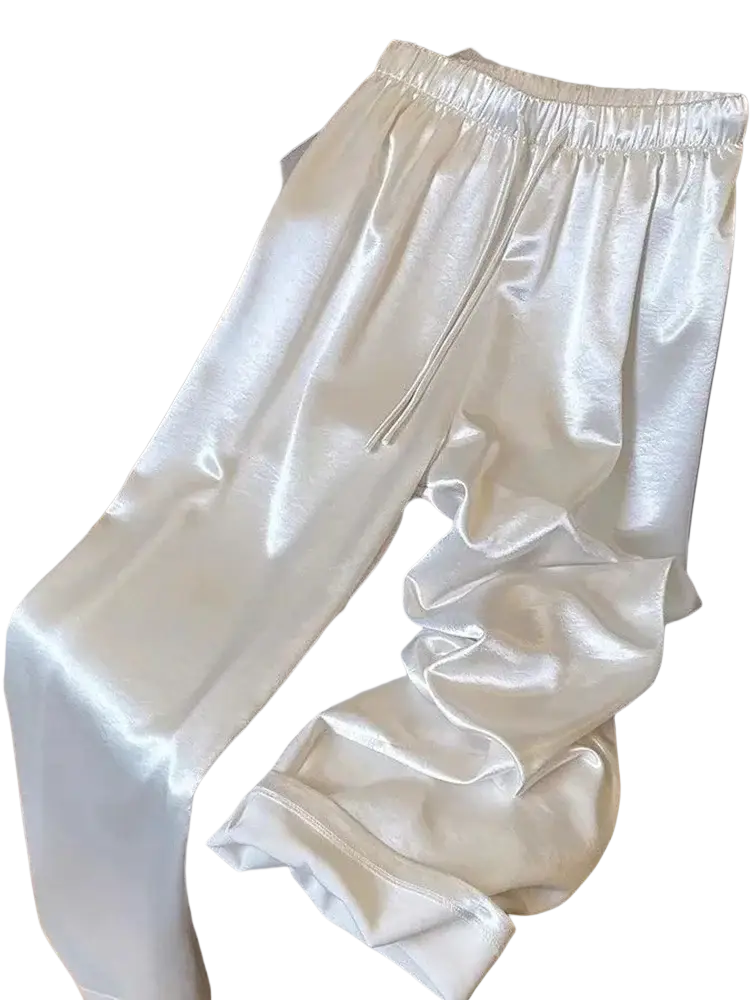 Shiny white satin wide leg pants for women with elastic waistband and drawstring closure