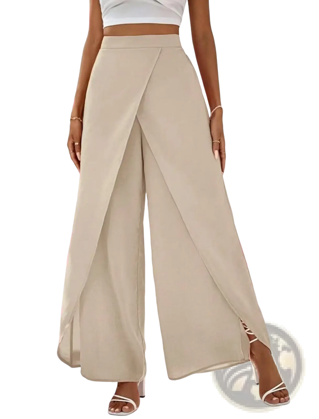 Beige high waisted wide leg slit pants with a draped front design for casual wear