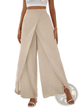 Beige high waisted wide leg slit pants with a draped front design for casual wear