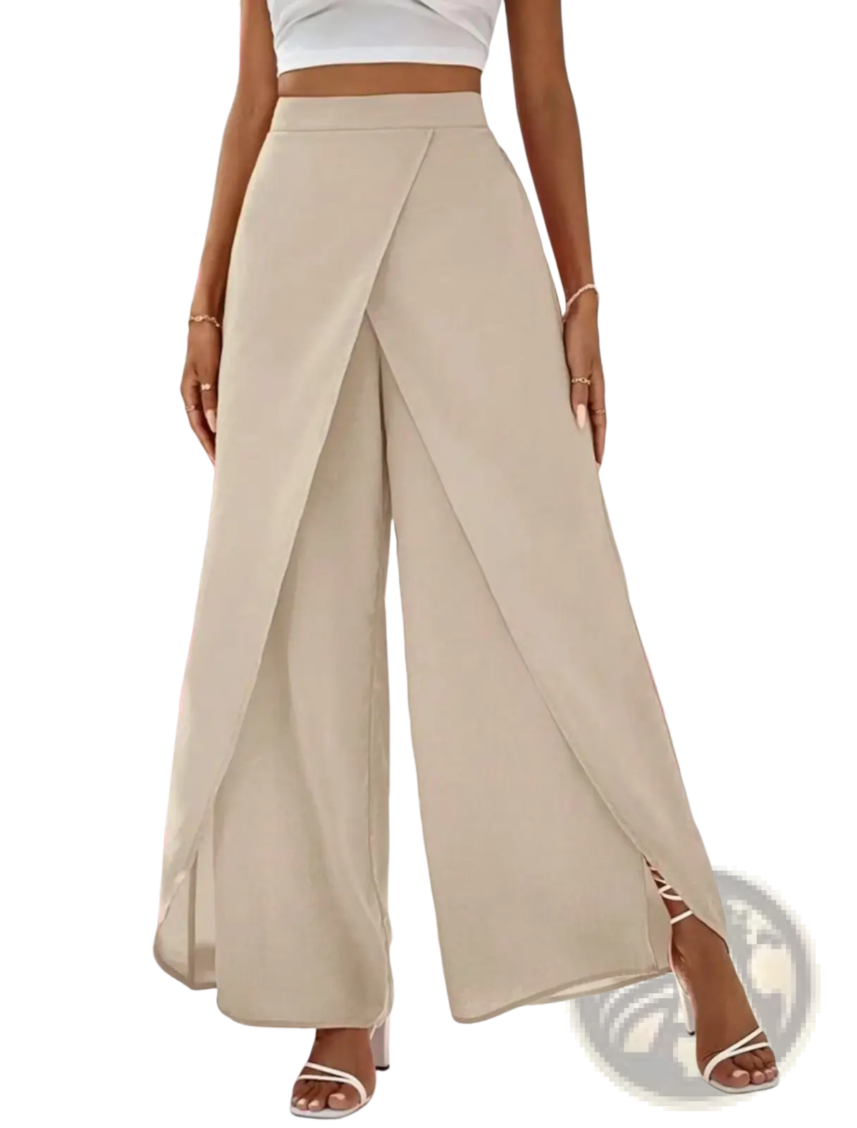 Beige high waisted wide leg slit pants with a draped front design for casual wear