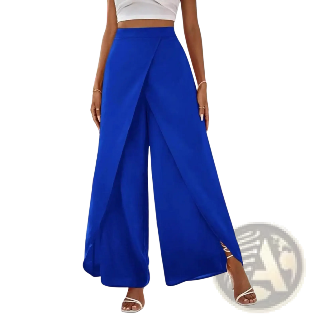 Vibrant royal blue high waisted wide leg trousers with draped front and side slit for casual wear