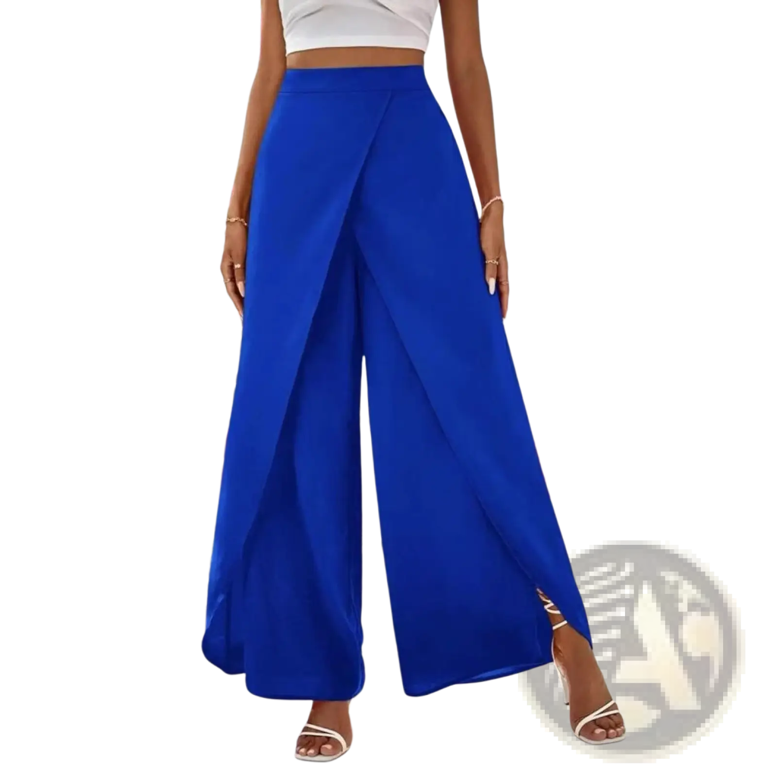Vibrant royal blue high waisted wide leg trousers with draped front and side slit for casual wear