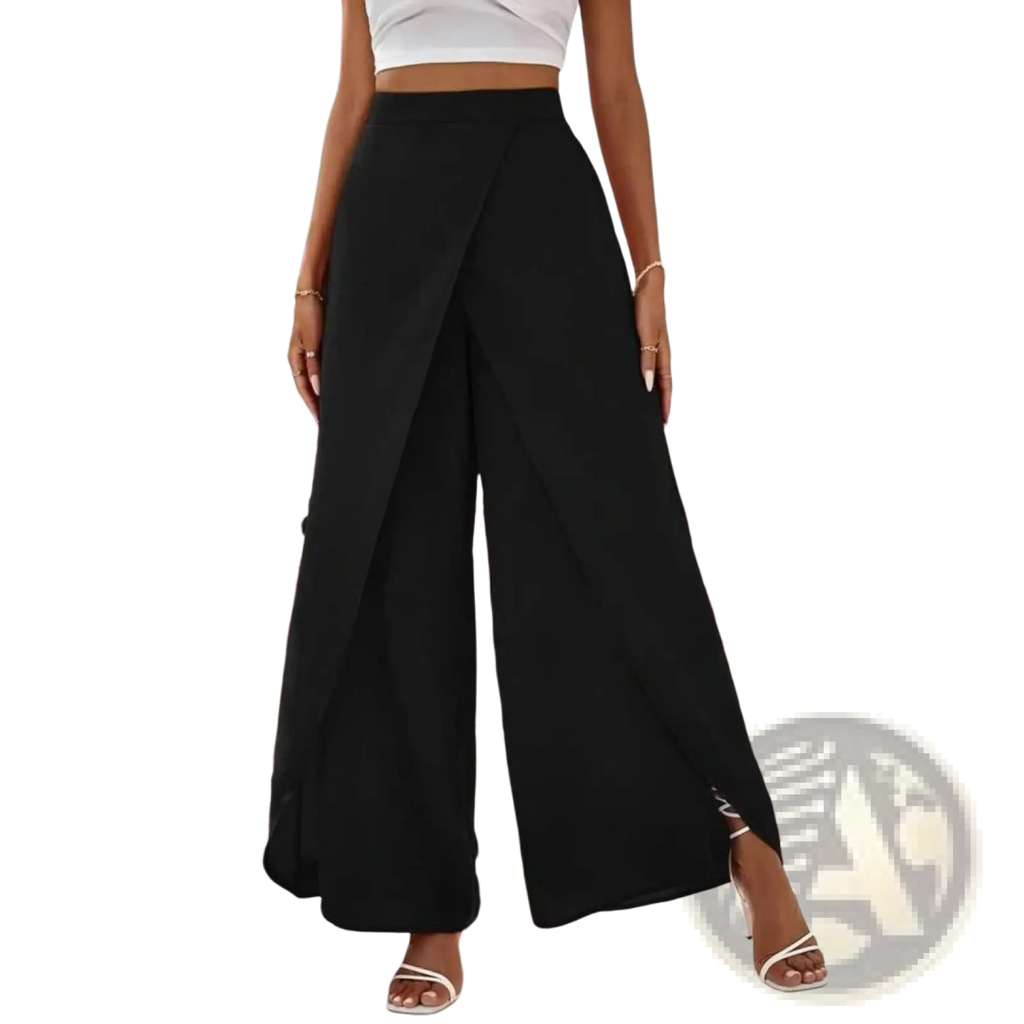Black high waisted wide leg slit pants with a draped front design perfect for casual wear