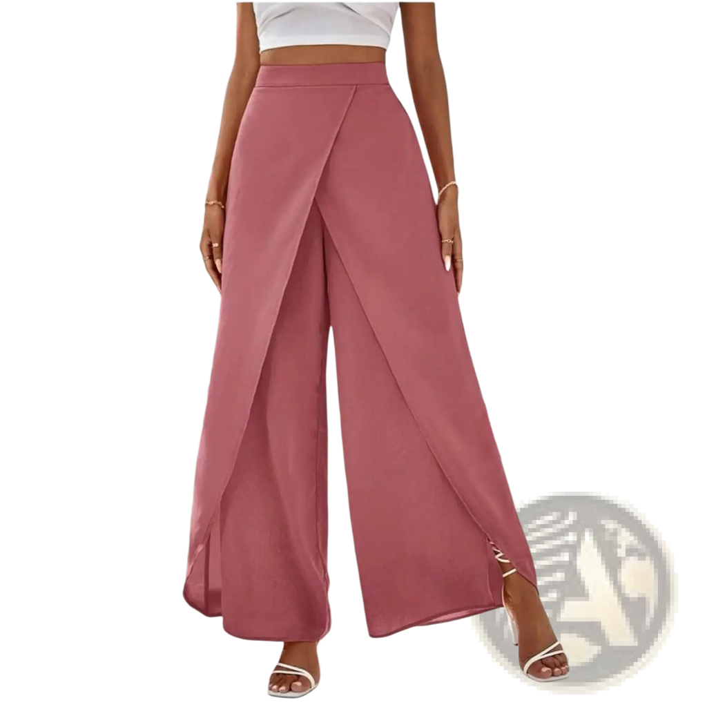 Soft pink wide leg slit pants with high waist draped front designed for casual wear