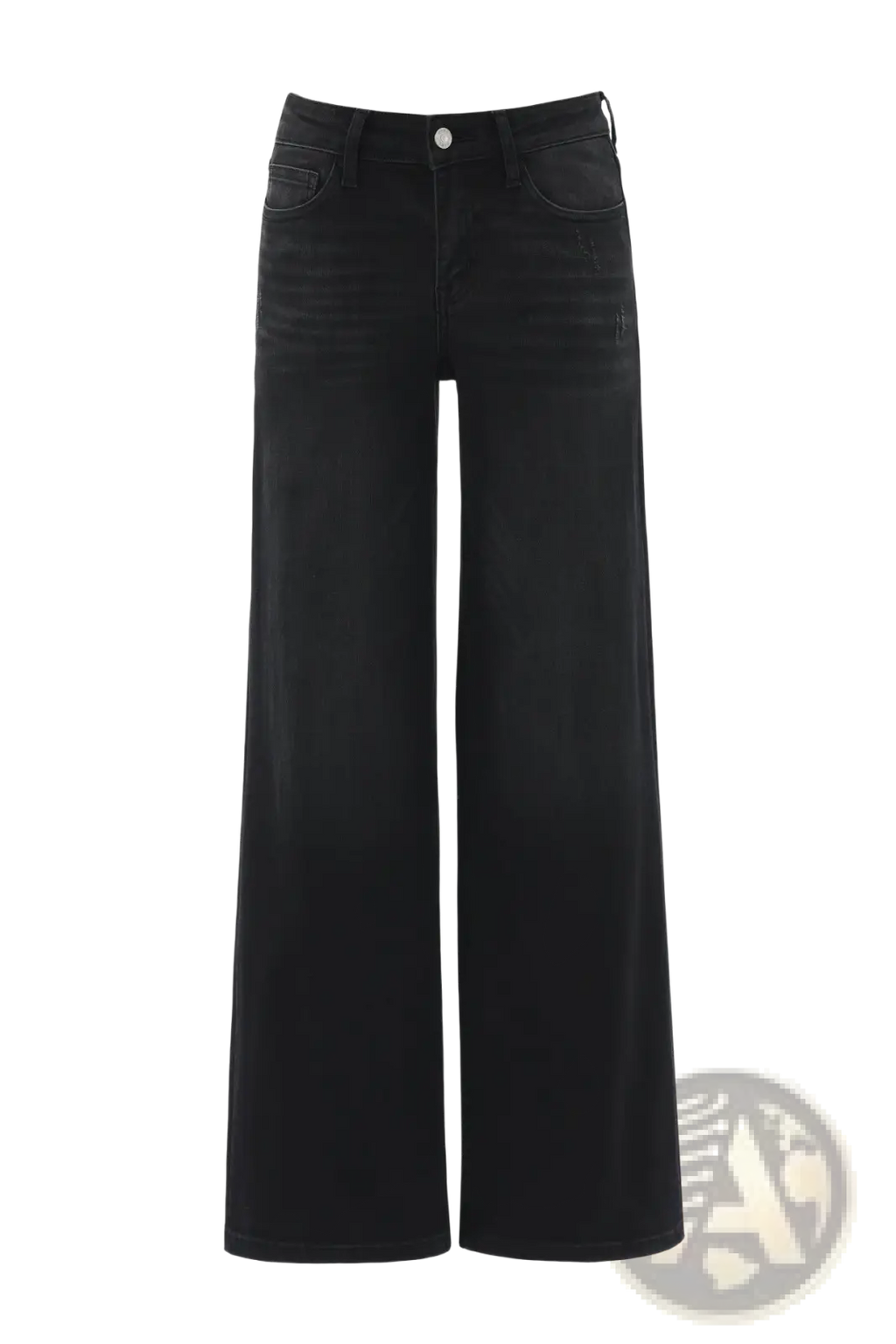Black wide leg stretch denim jeans with a straight cut and classic front pockets in breathable denim fabric