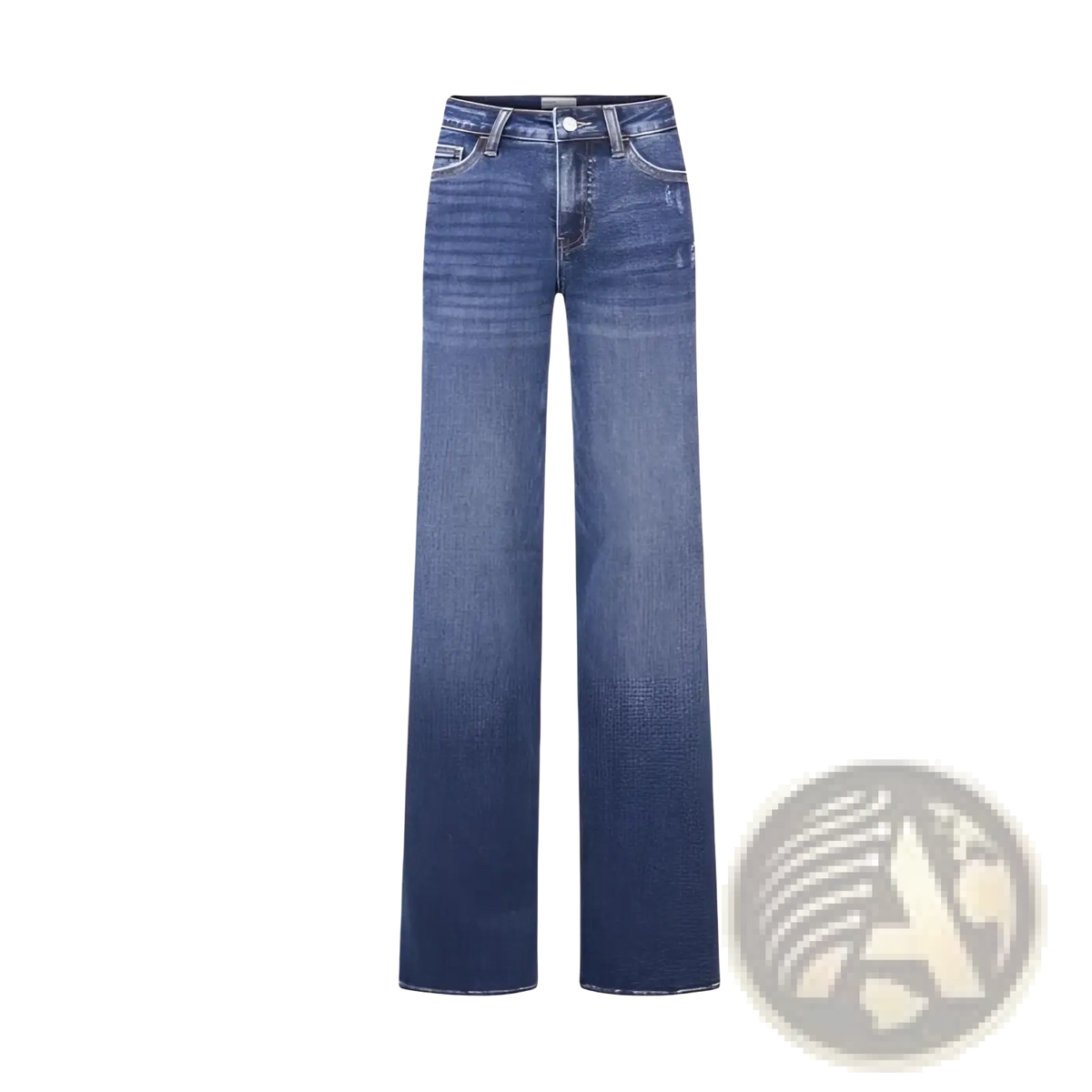 Wide leg stretch denim jeans in high-waisted blue denim with a straight-leg cut and subtle fading