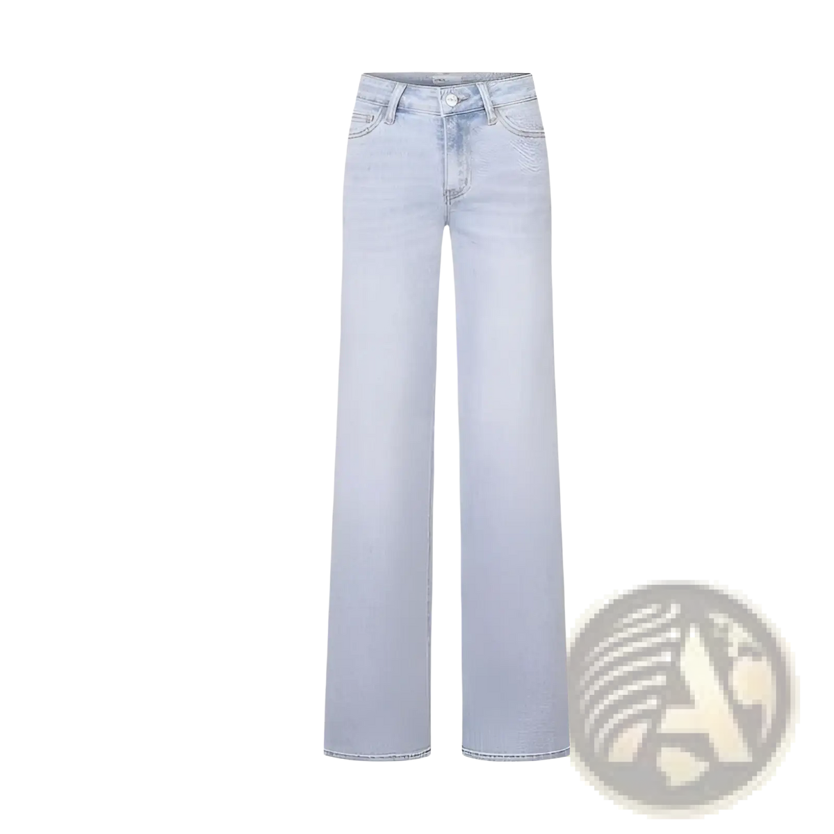 Light-wash wide leg stretch denim jeans with a straight-leg cut and classic five-pocket design