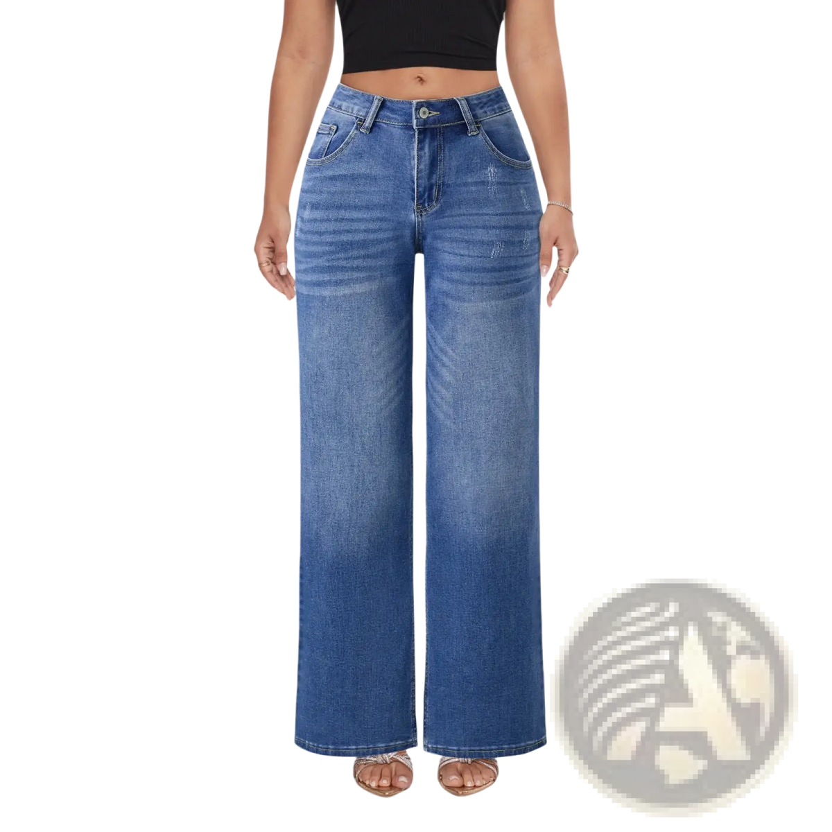Wide leg stretch denim jeans featuring high-waisted blue denim with a wide-leg cut and subtle fading