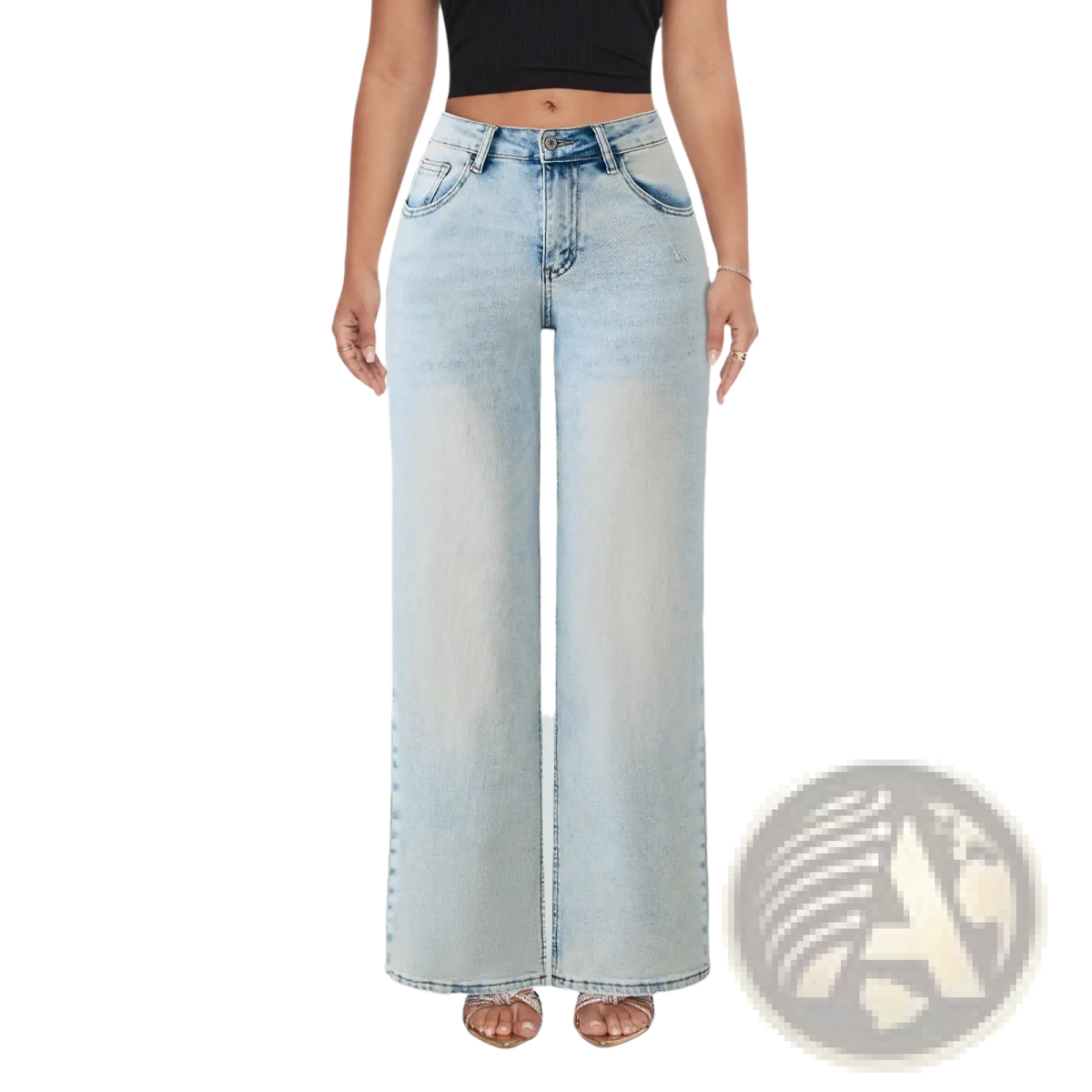 Wide leg stretch denim jeans in light wash with high-rise fit and classic five-pocket design in denim material