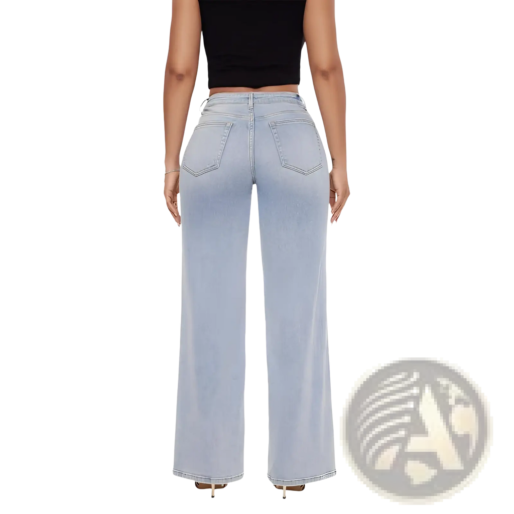 Light-wash stretch denim jeans with a high-rise waist and wide-leg cut for a comfortable stylish fit