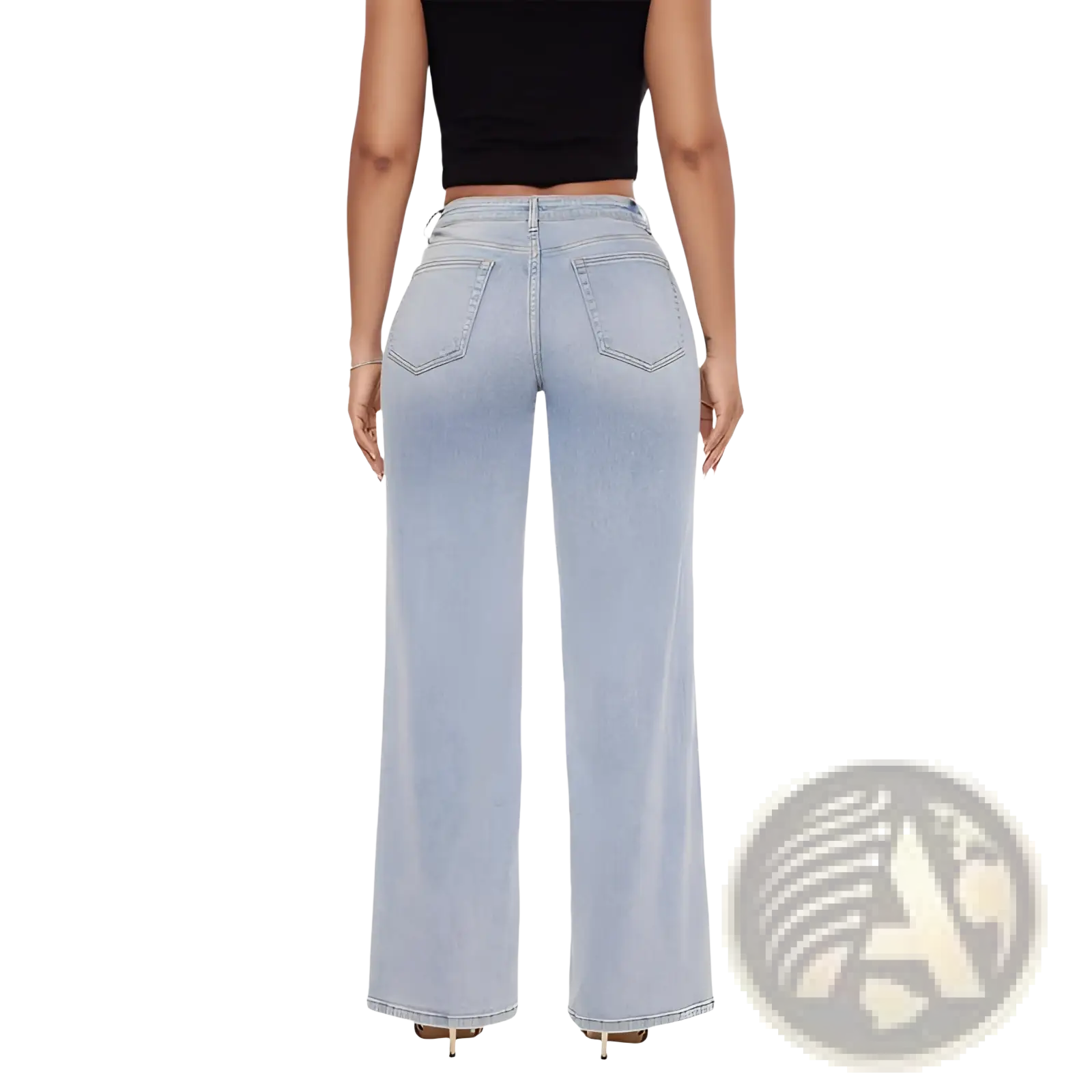 Light-wash stretch denim jeans with a high-rise waist and wide-leg cut for a comfortable stylish fit