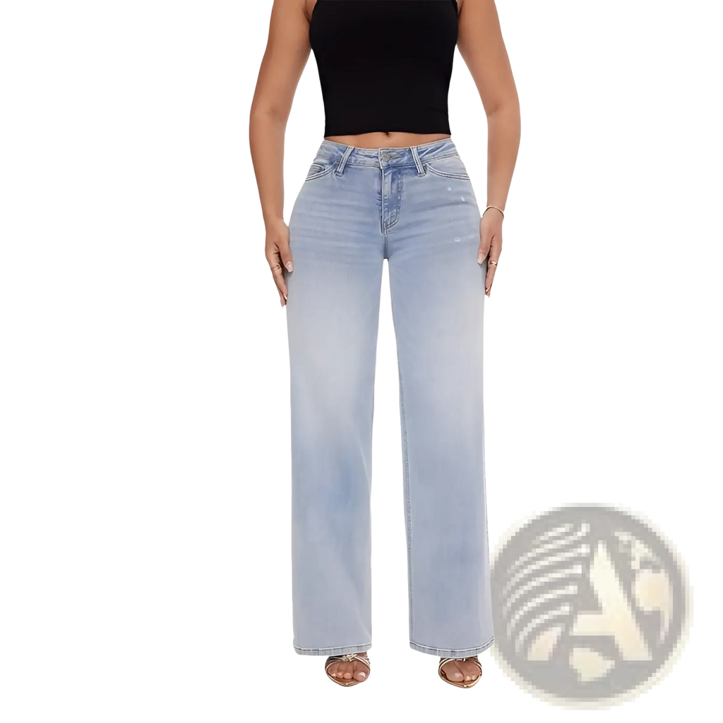 Light-wash wide leg stretch denim jeans with a high-rise fit made from comfortable stretch fabric