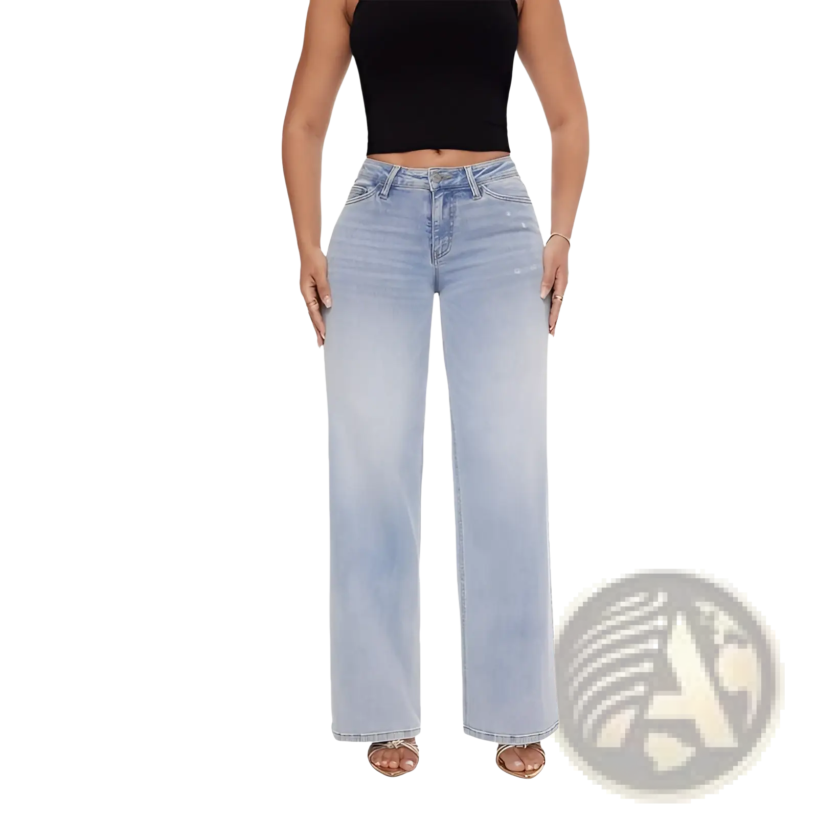 Light-wash wide leg stretch denim jeans with a high-rise fit made from comfortable stretch fabric