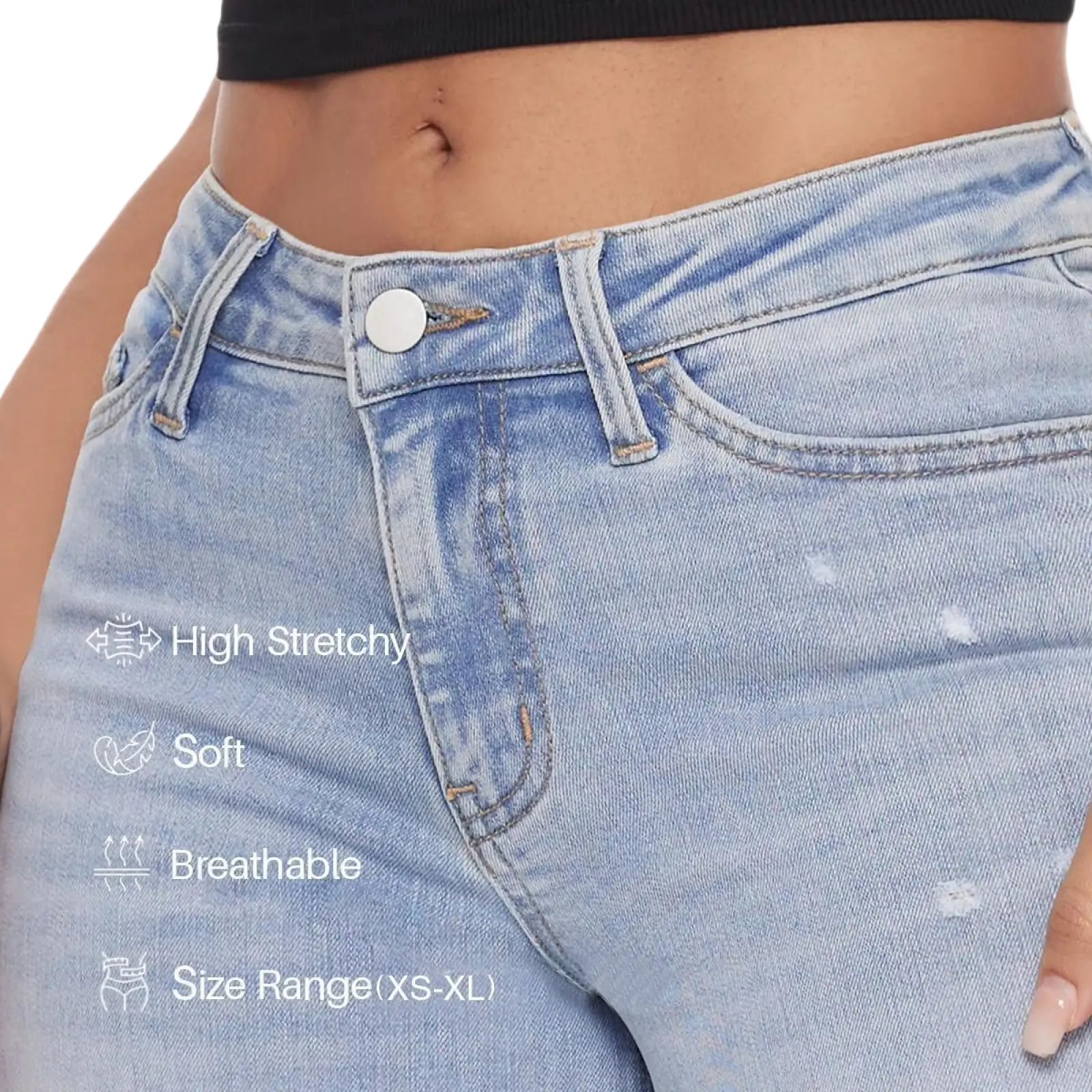 Light-wash wide leg stretch denim jeans made from high-stretch soft breathable fabric for comfort and style