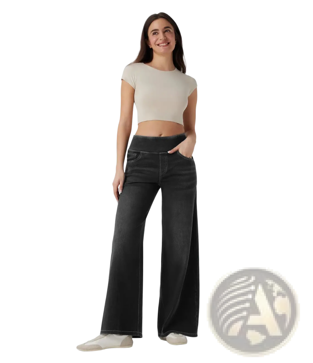 Black wide leg stretchy high waisted denim jeans with subtle fading and a comfortable fit for casual wear