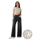 Black wide leg stretchy high waisted denim jeans with subtle fading and a comfortable fit for casual wear