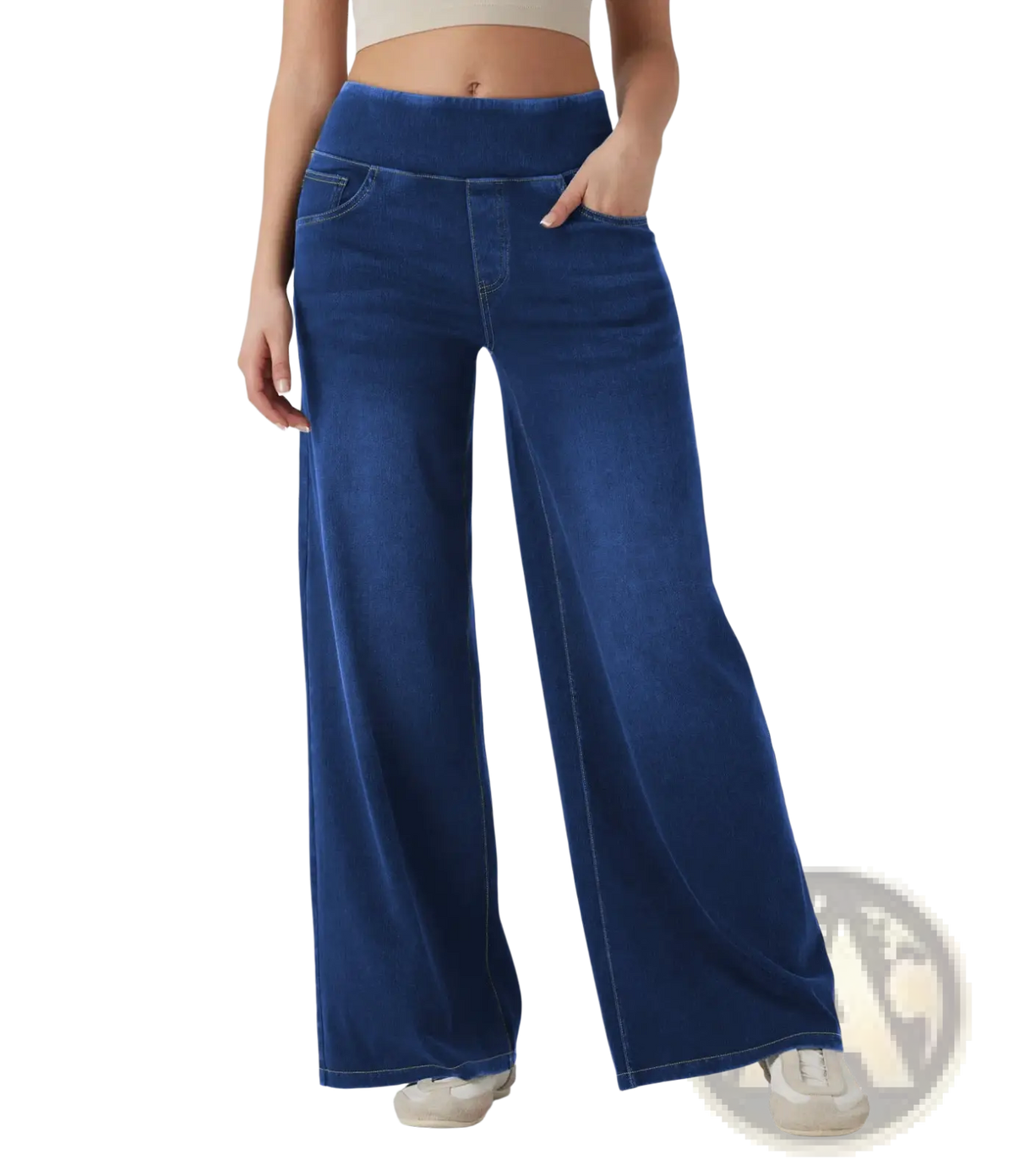 Blue wide leg stretchy high waisted jeans made of denim with an elastic waistband for comfortable wear