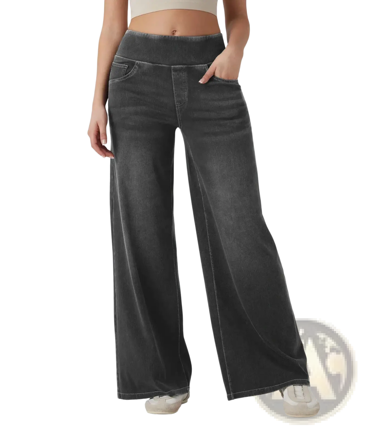 Dark gray wide-leg denim pants with high-waisted elastic waistband designed for comfort and style