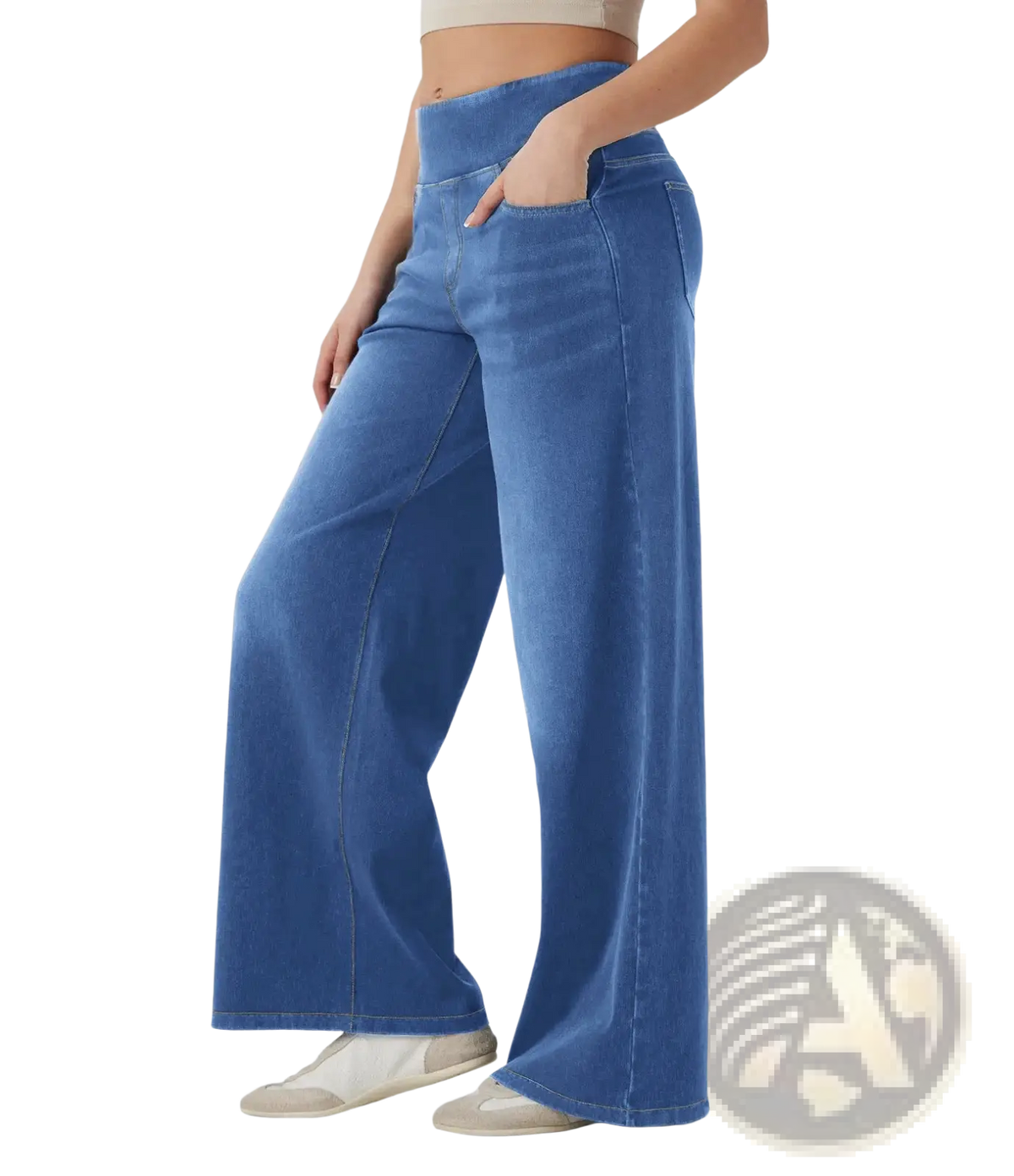 Blue wide-leg denim pants with high waist and classic stitching made from stretchy material for comfort