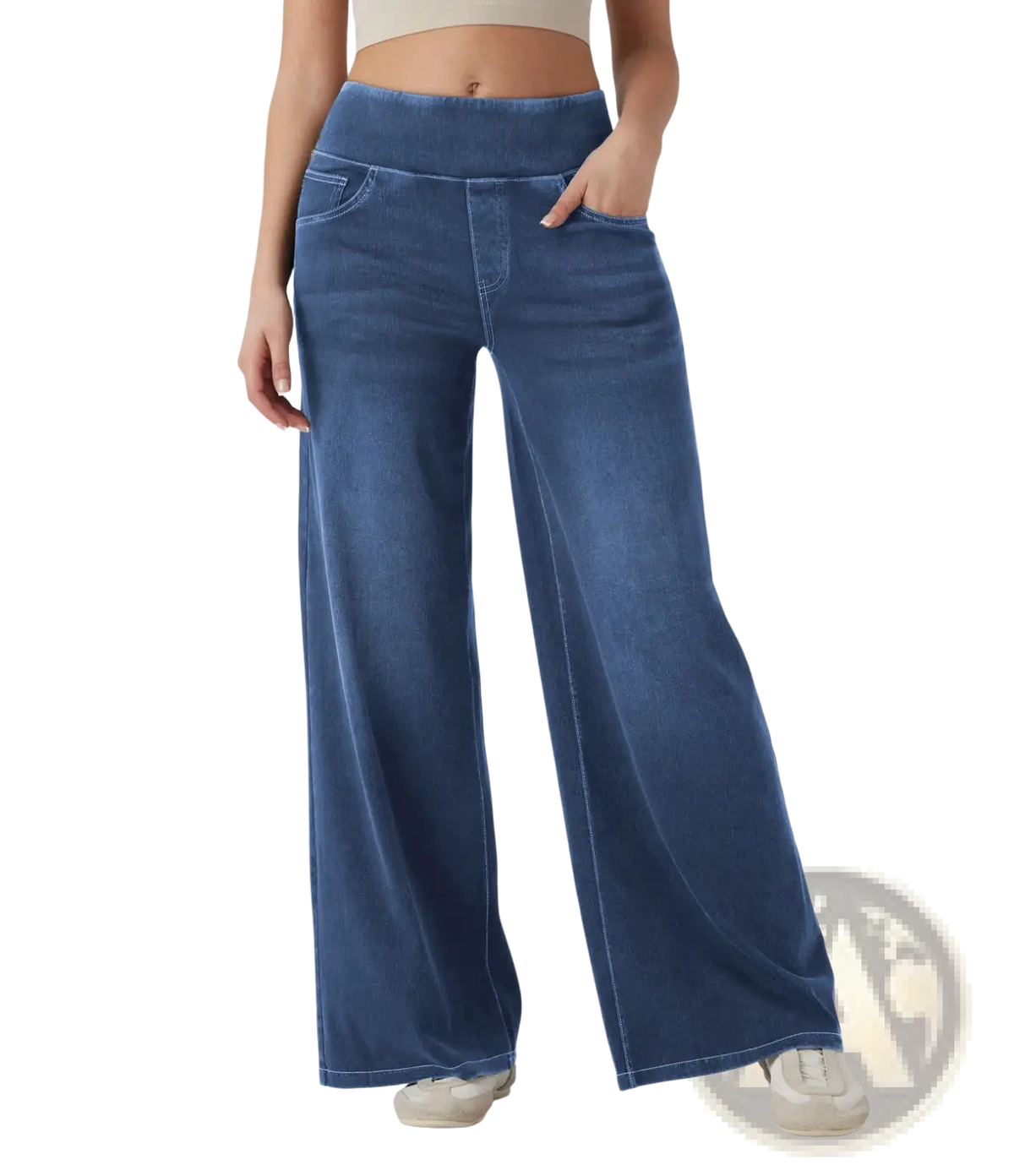 Blue wide leg stretchy high waisted jeans made of denim with elastic waistband and front pockets