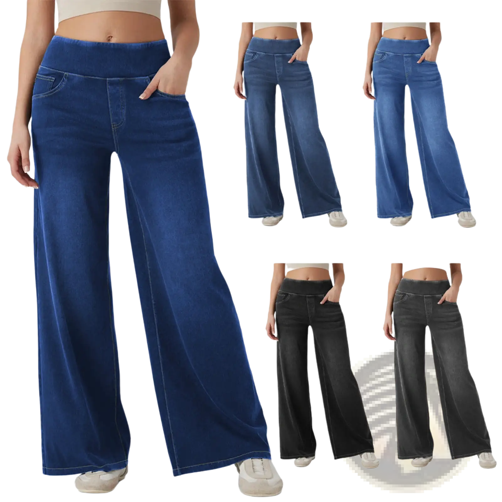 Blue wide leg denim pants with elastic waistband featuring stretchy high waisted design for comfortable fit