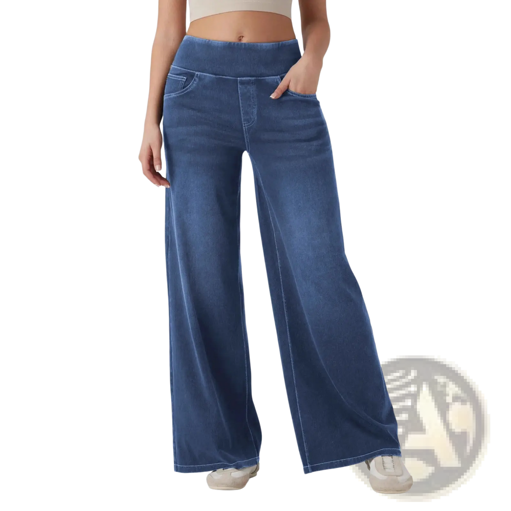 Blue wide-leg stretchy high waisted jeans made of denim with an elastic waistband for comfort and style