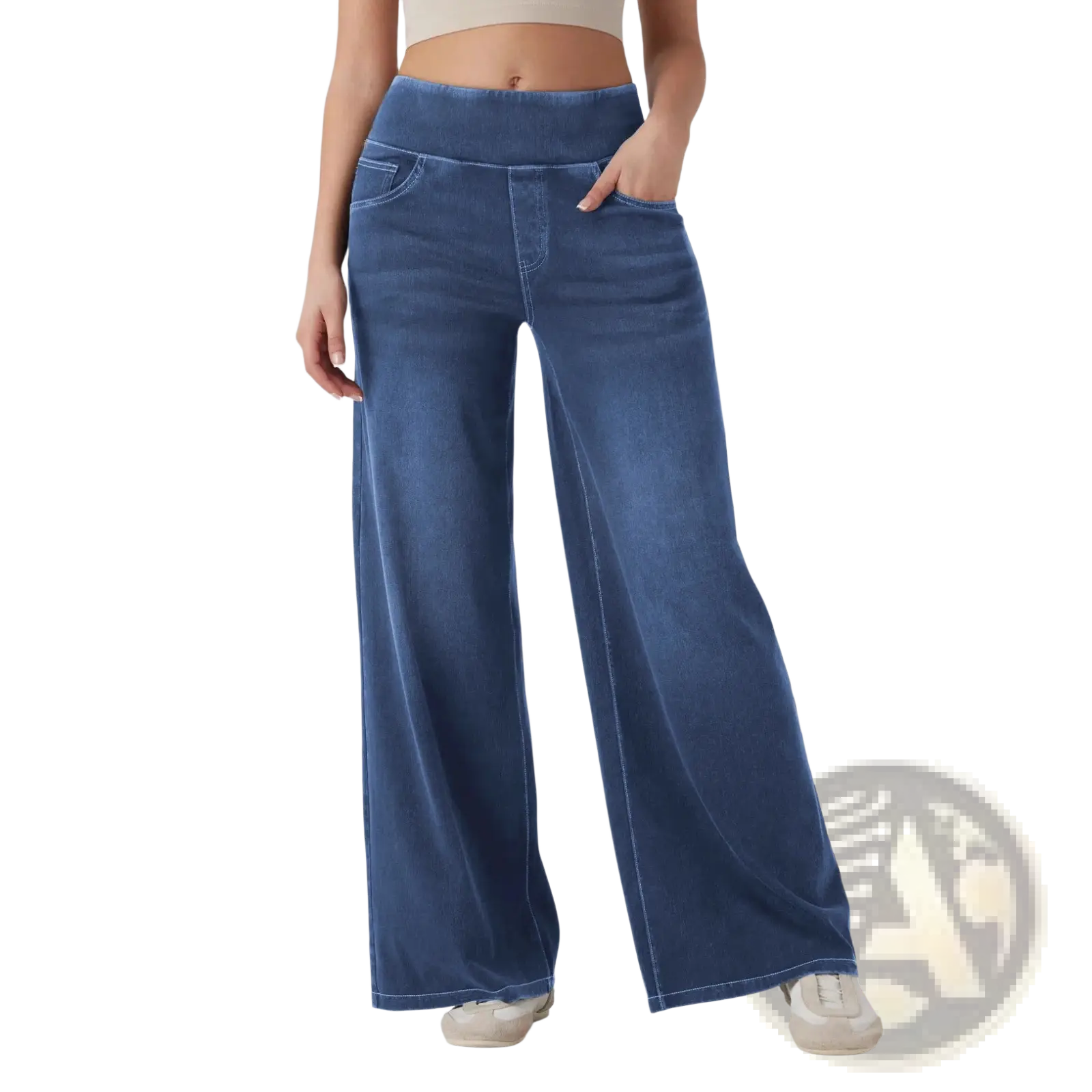 Blue wide-leg stretchy high waisted jeans made of denim with an elastic waistband for comfort and style