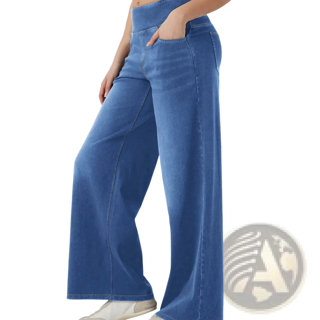Blue high waisted wide leg stretch denim jeans with visible stitching for a comfortable stylish fit