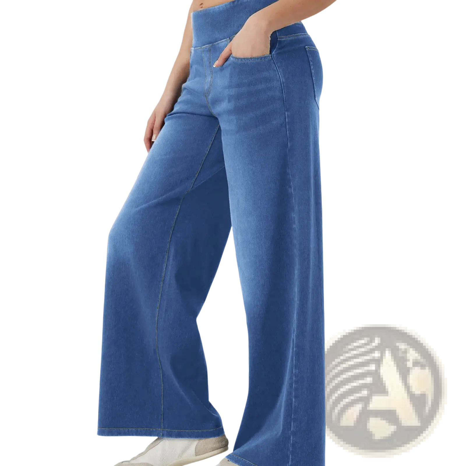 Blue high waisted wide leg stretch denim jeans with visible stitching for a comfortable stylish fit