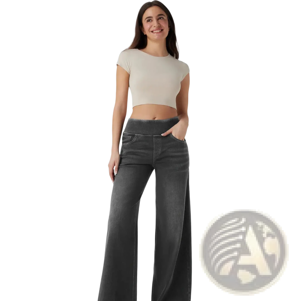Dark gray wide leg stretchy high waisted jeans made of classic denim material for a comfortable fit