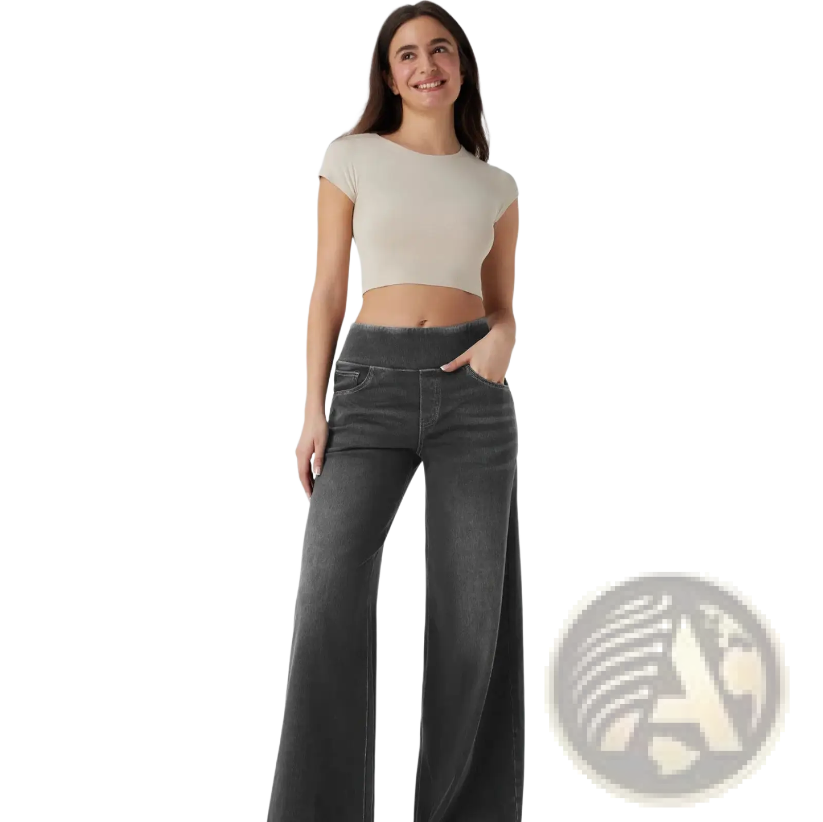 Dark gray wide leg stretchy high waisted jeans made of classic denim material for a comfortable fit