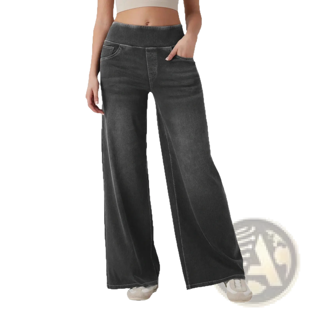 Dark gray wide leg stretchy high waisted jeans made of denim with an elastic waistband suitable for casual wear