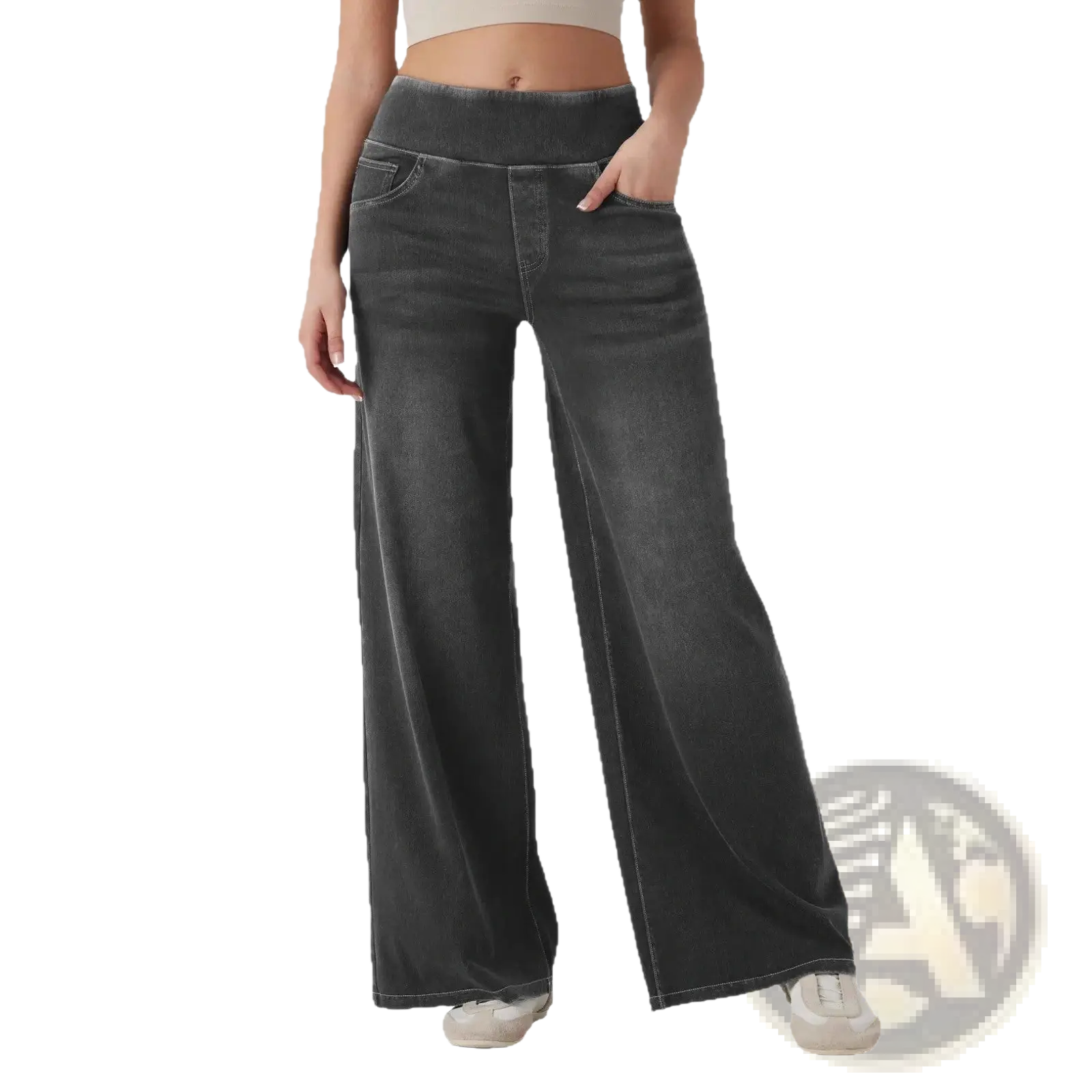 Dark gray wide leg stretchy high waisted jeans made of denim with an elastic waistband suitable for casual wear